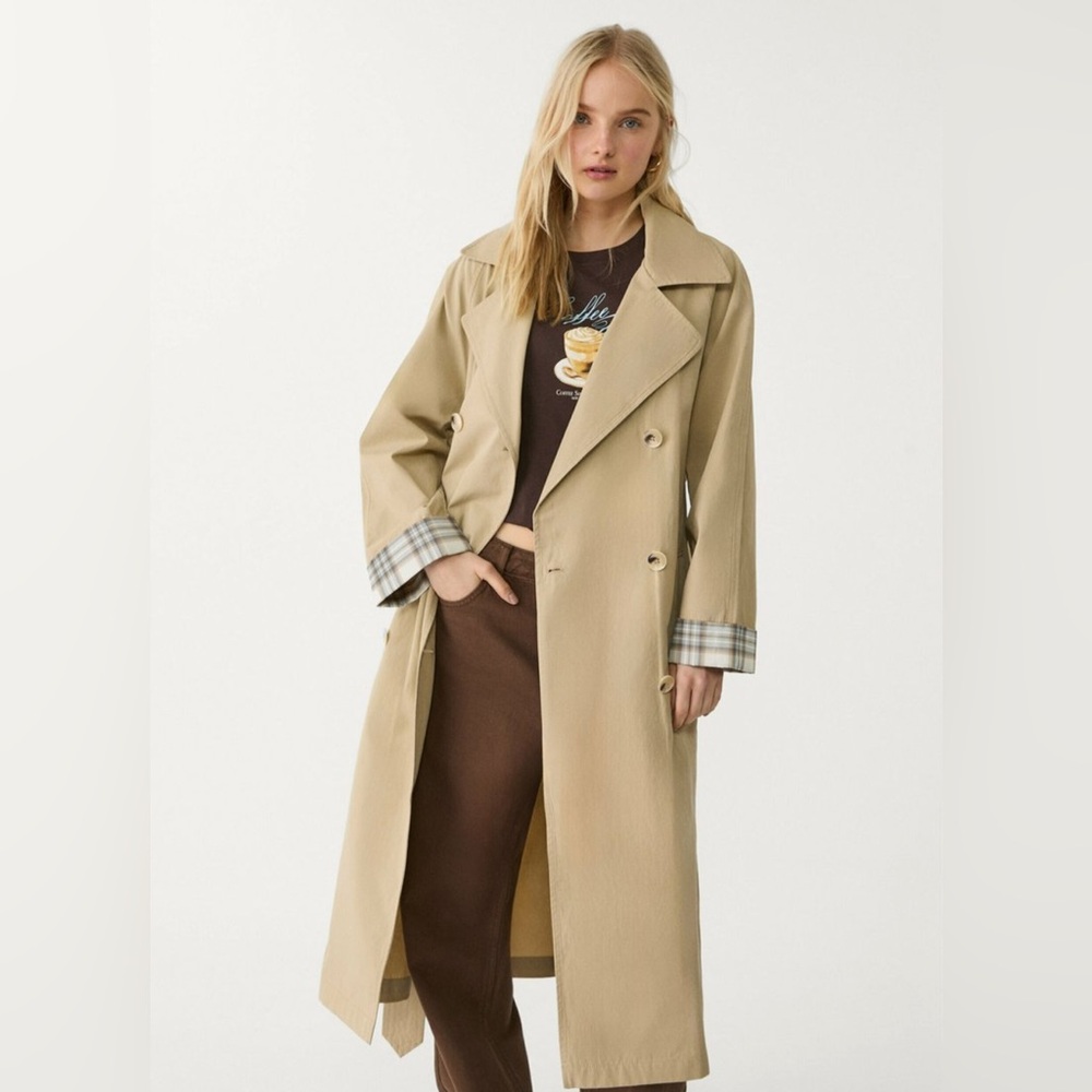 Stradivarius long tan trench coat
